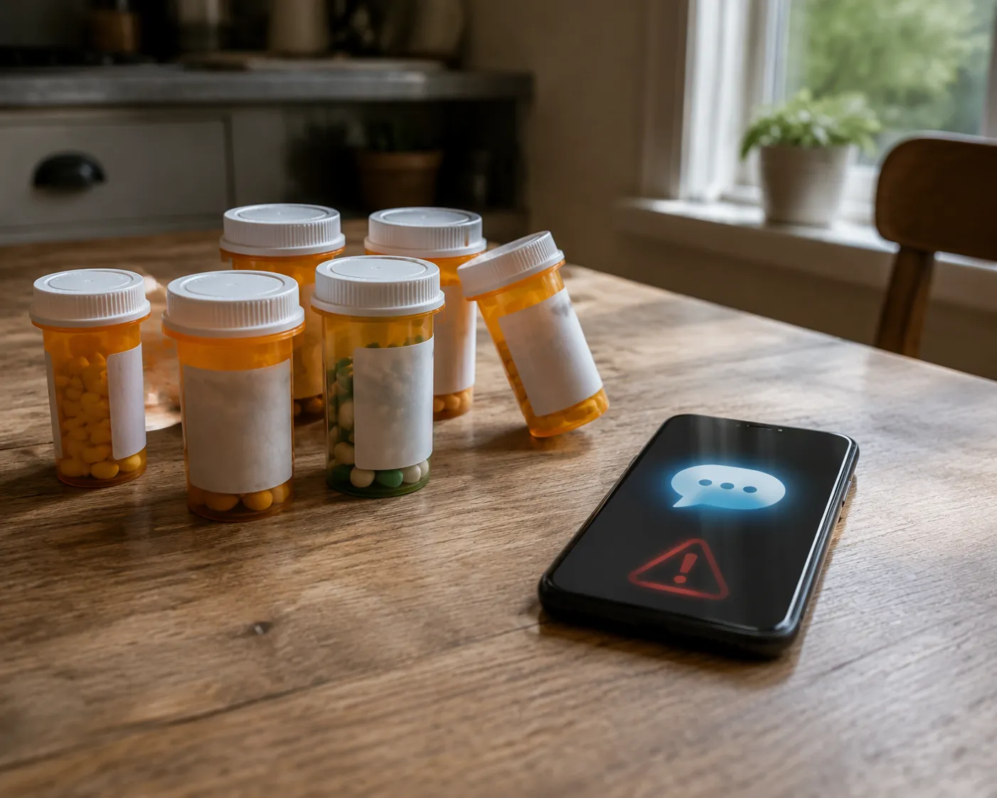 Prescription medication bottles next to a phone with a chat app