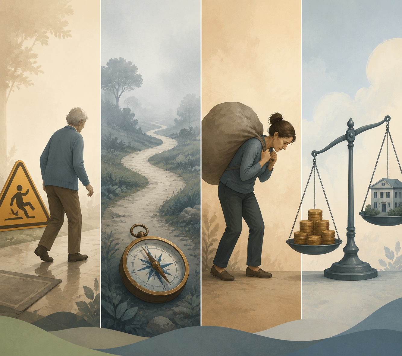 Editorial illustration showing four care thresholds: fall risk, wandering, caregiver burden, and cost comparison