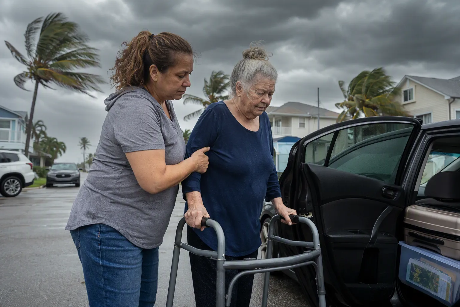 Caregiver helping an older woman with a rollator walker into a car before a storm evacuation