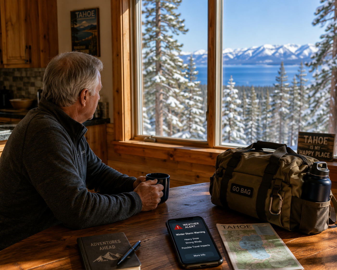 Older adult at a Tahoe cabin table with a weather alert phone and go-bag nearby