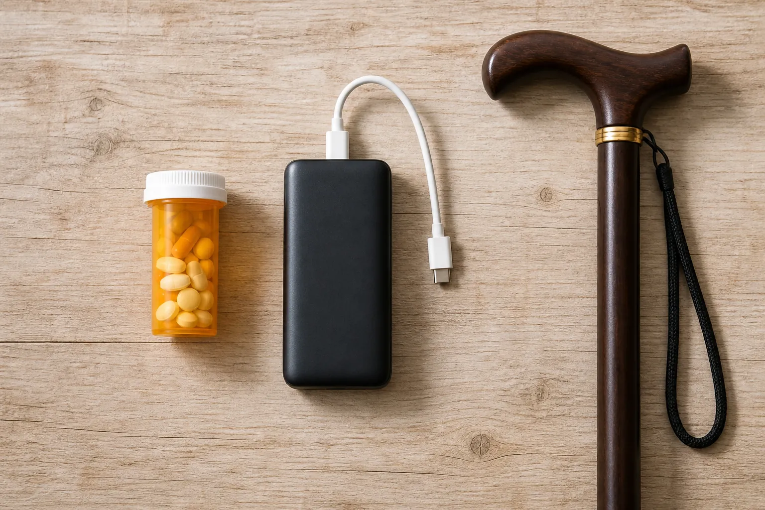 Prescription medication bottle, portable power bank, charging cable, and walking cane on a table