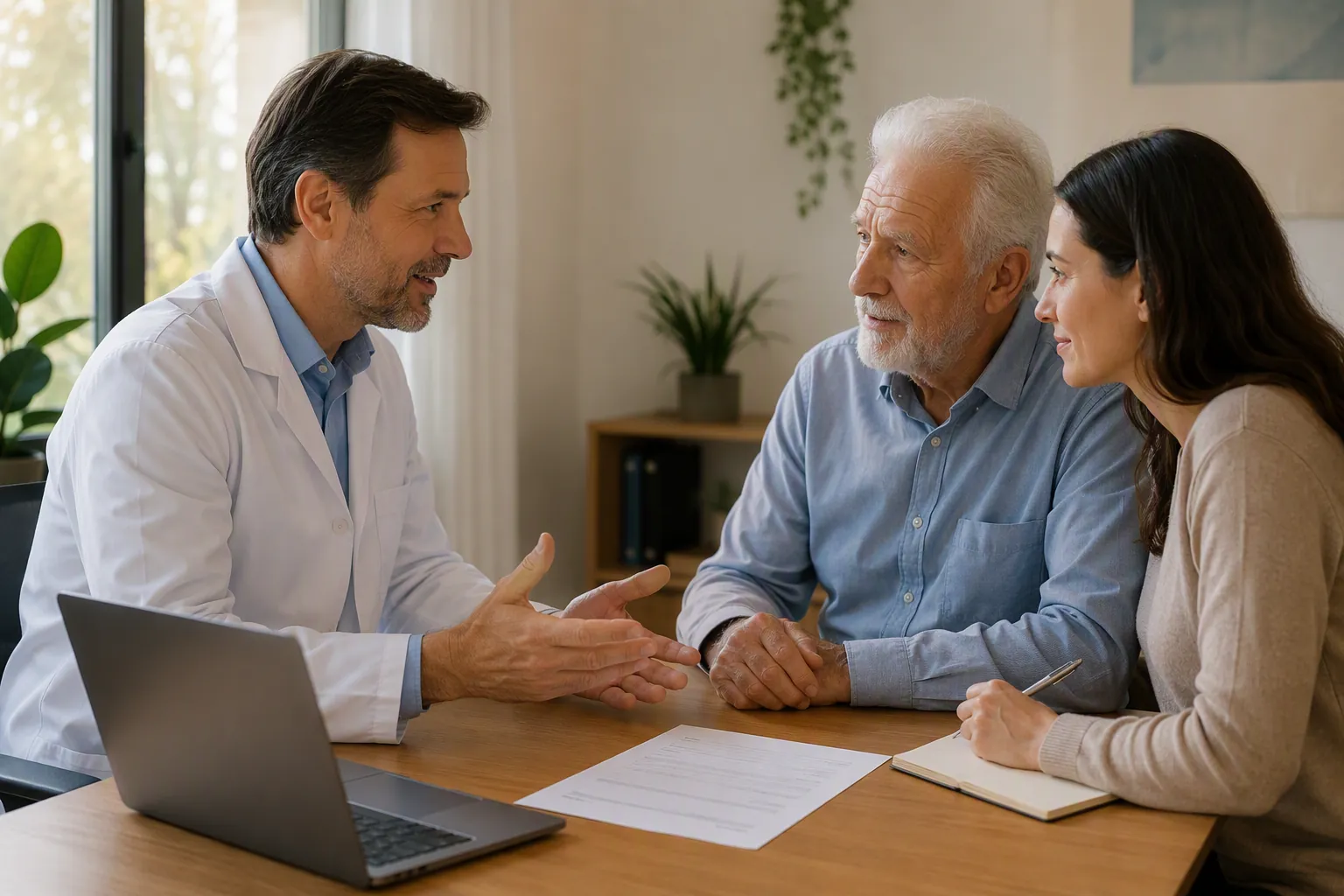 Clinician reviewing a written postoperative care plan with an older man and his adult daughter