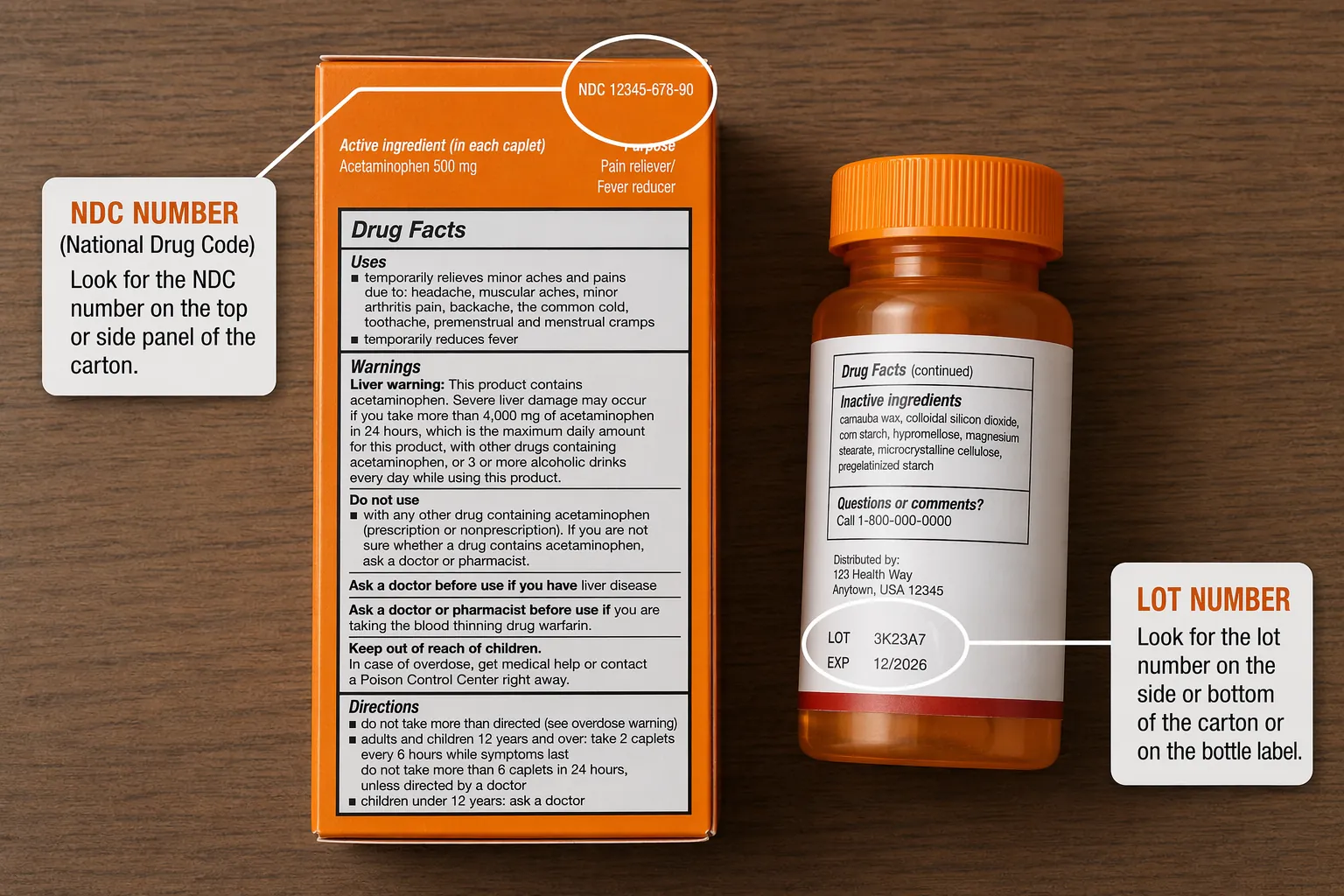 OTC medication carton and bottle with callouts showing where to find the NDC and lot number