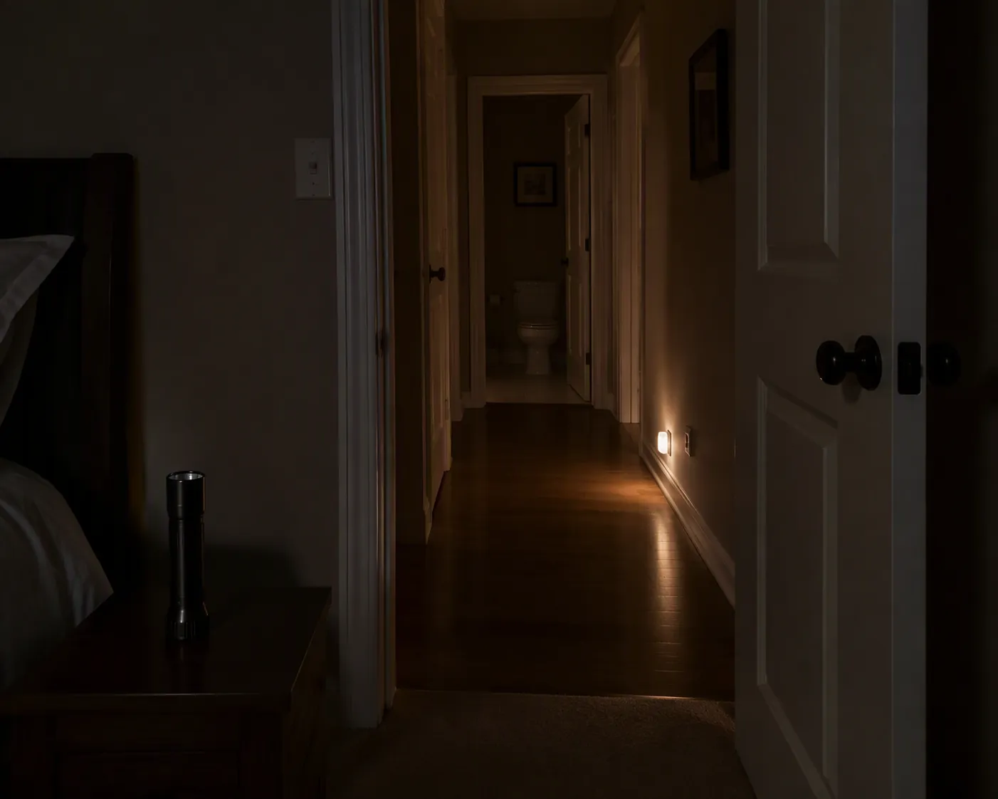 Dark hallway from a bedroom to a bathroom lit by a battery nightlight with a bedside flashlight nearby