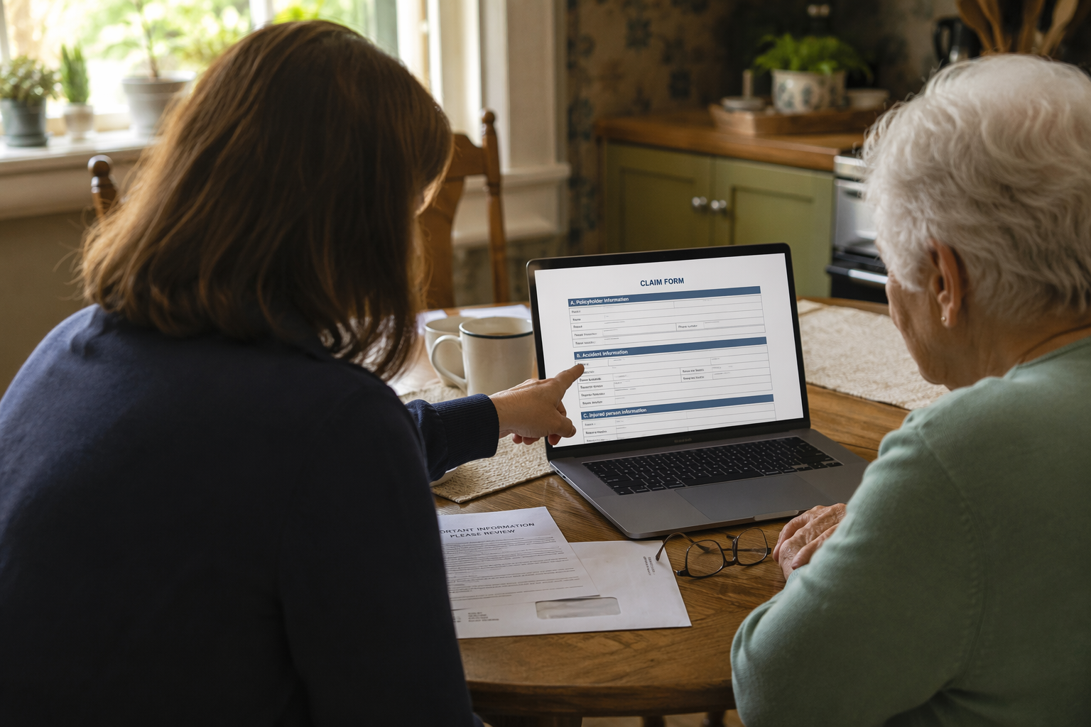 A middle-aged woman helps an elderly parent review a settlement claim form on a laptop at a kitchen table