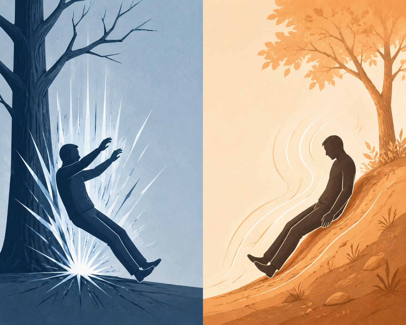 Illustration comparing a sudden hard fall with a slower slumping fall