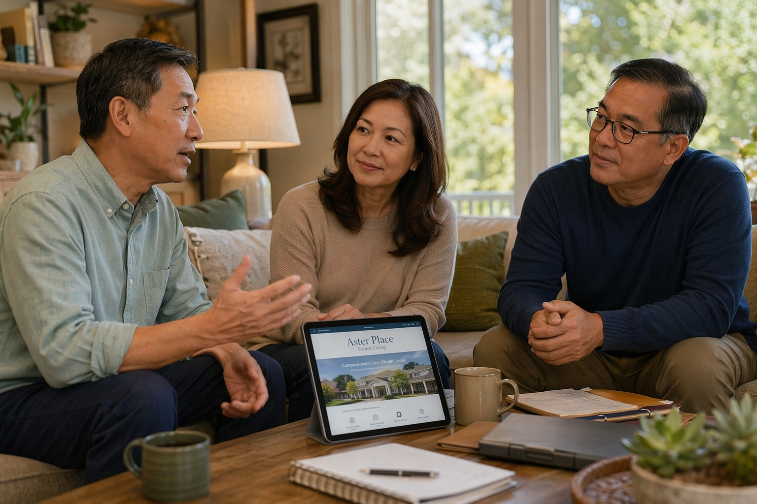 Three adult siblings in their 40s-50s seated around a coffee table in a bright living room having a calm, collaborative meeting. Notebooks and a tablet showing a care facility website are on the table.