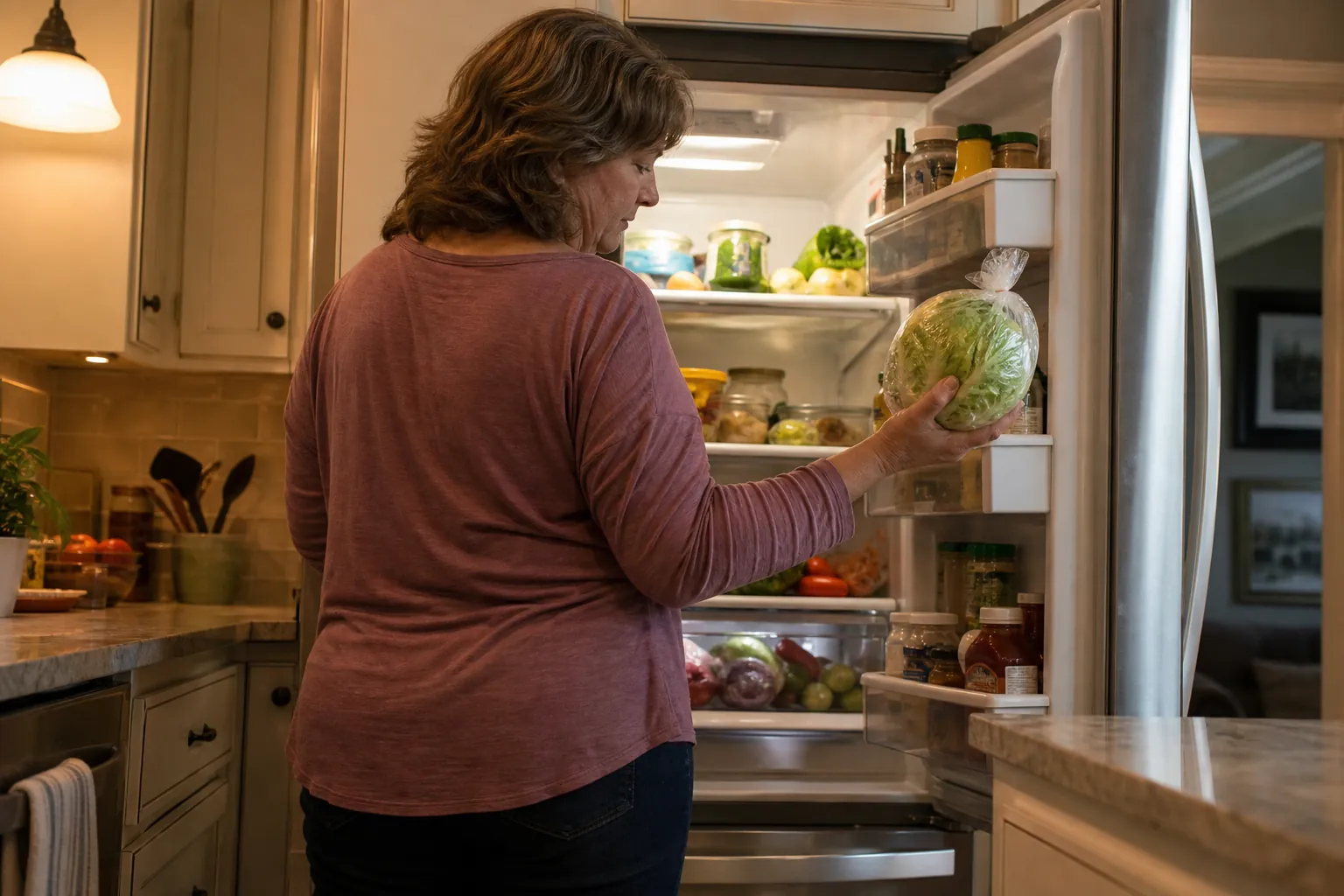 A caregiver checks a bag of iceberg lettuce in front of an open refrigerator during a recall