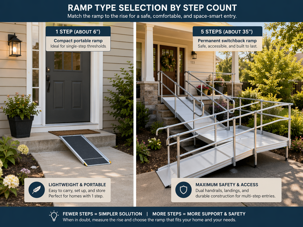 Comparison of two residential entryway scenarios by step count: left side shows a single-step threshold with a compact portable ramp placed over it; right side shows a 5-step stoop with a permanent modular switchback ramp featuring dual handrails, a midpoint landing, and a door-level landing, in a residential setting with natural daylight.