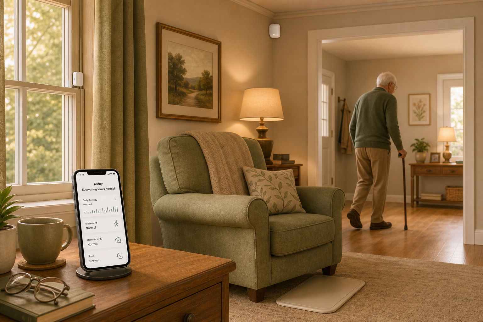 A cozy living room with discreet white passive sensors mounted on a ceiling corner and windowsill, a floor pressure mat near an armchair, and a smartphone on a side table showing a daily activity dashboard. An older person walks slowly with a cane in the background. Warm amber and sage tones.