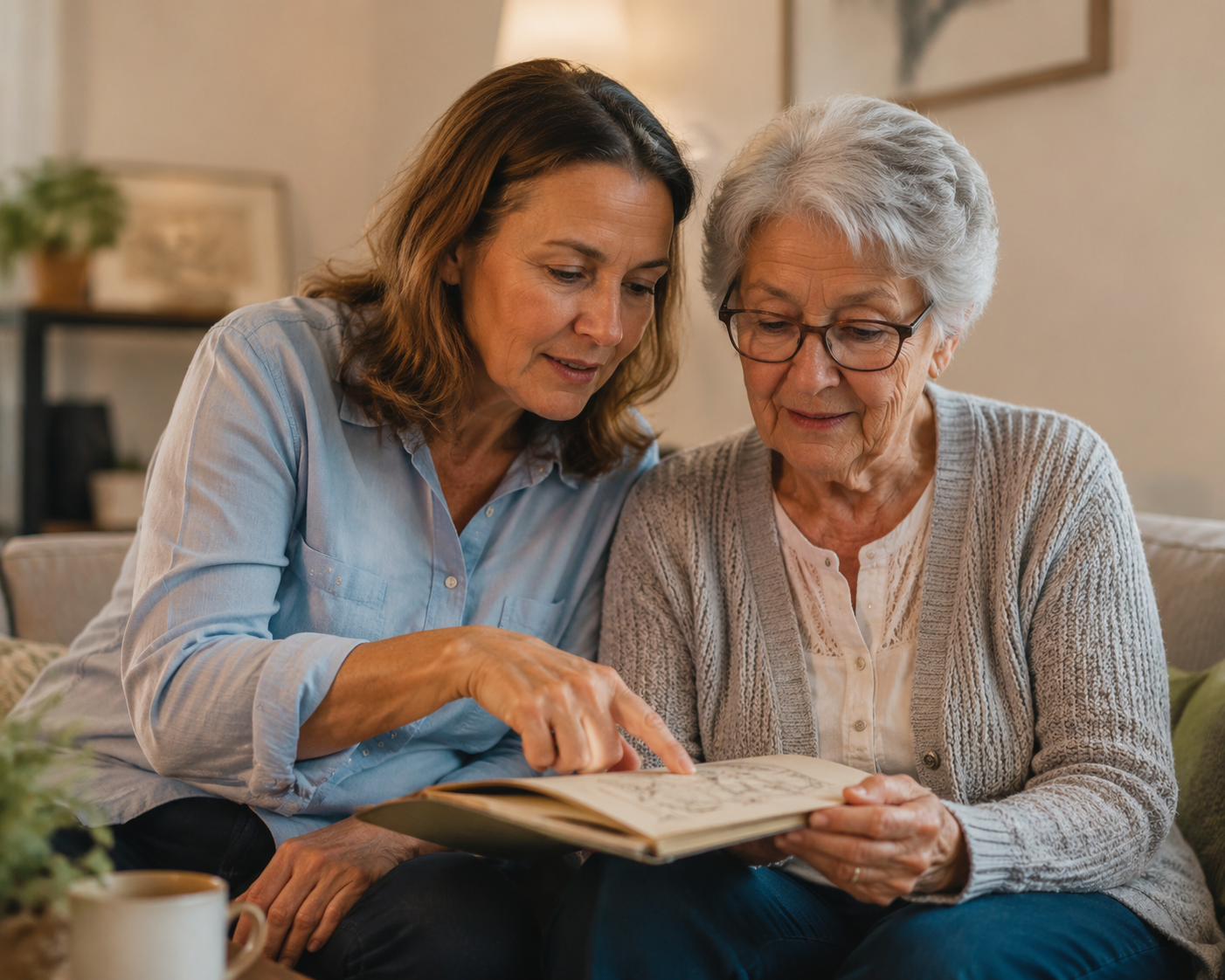 A middle-aged daughter sitting shoulder-to-shoulder with her elderly mother as they look at a sketchbook