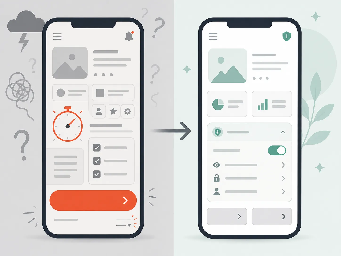 Side-by-side smartphone screens showing a cluttered manipulative layout changed into calmer equal-sized options and visible privacy controls