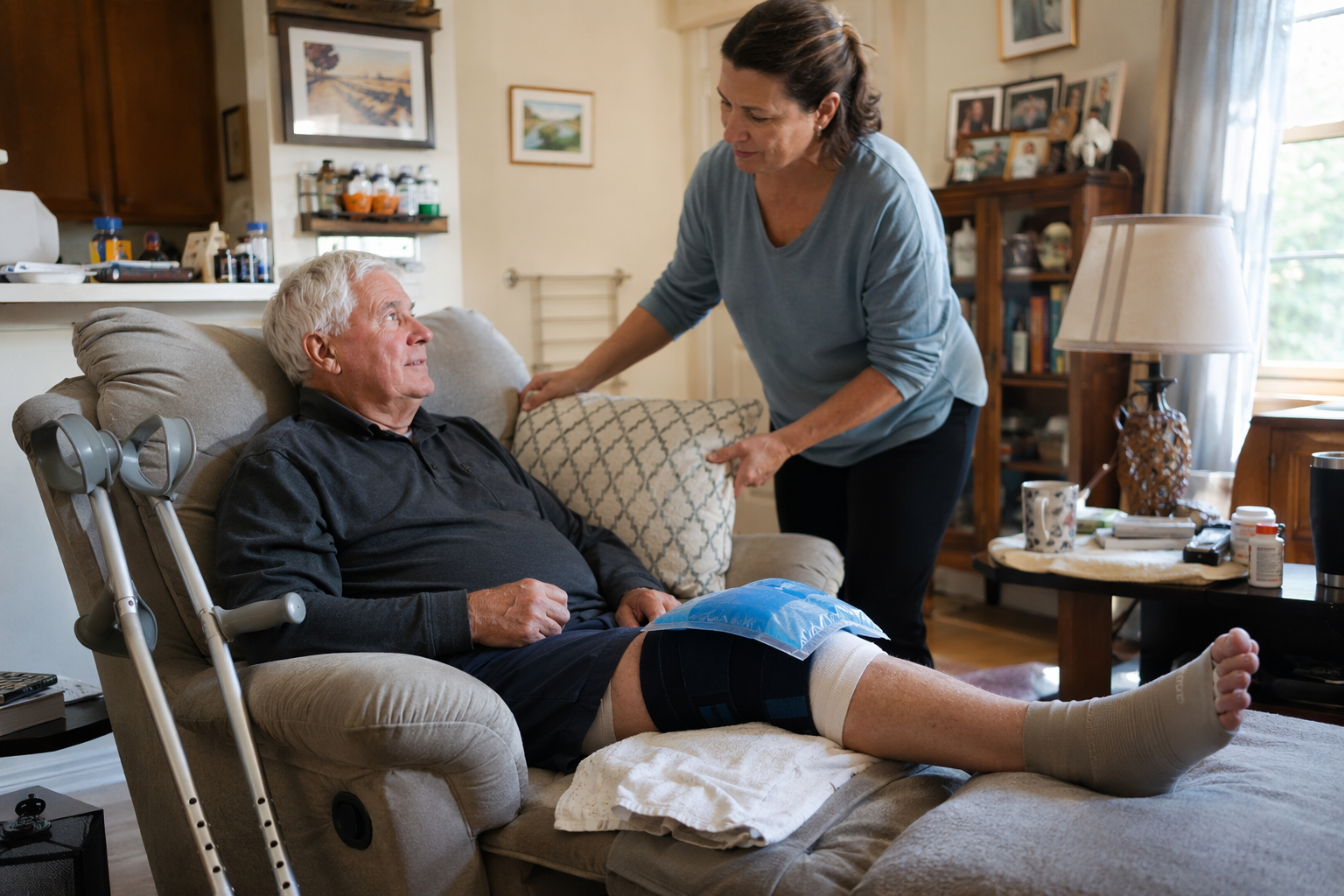 Older adult resting at home with leg elevated and iced while an adult daughter adjusts a pillow