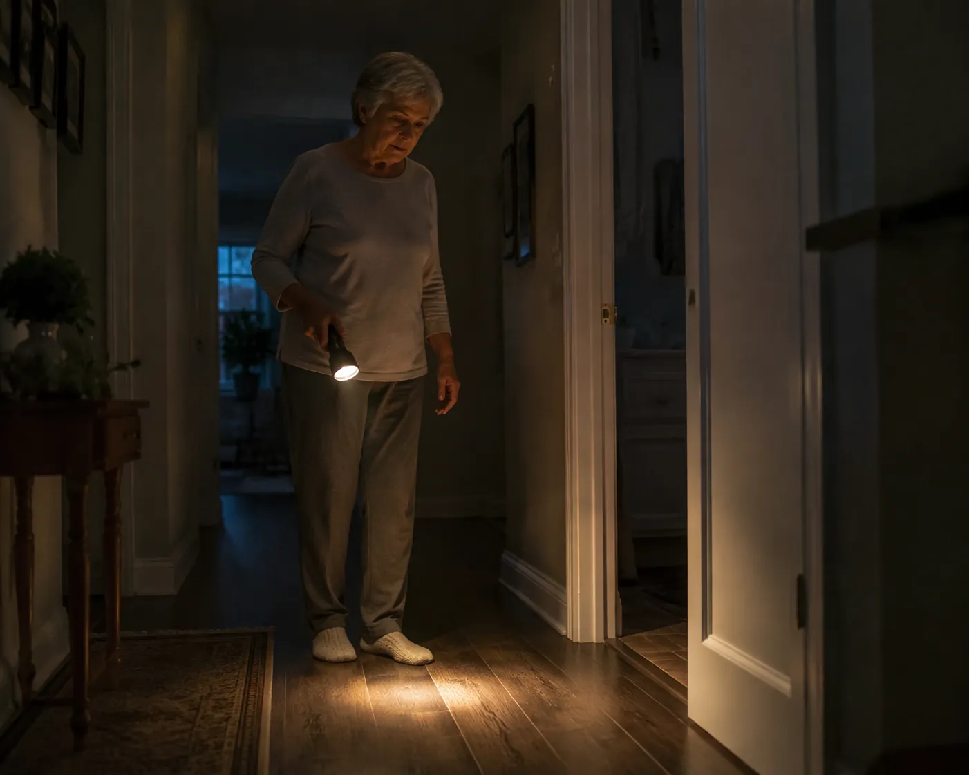Older adult standing still in a dim hallway with a flashlight pointed at the floor