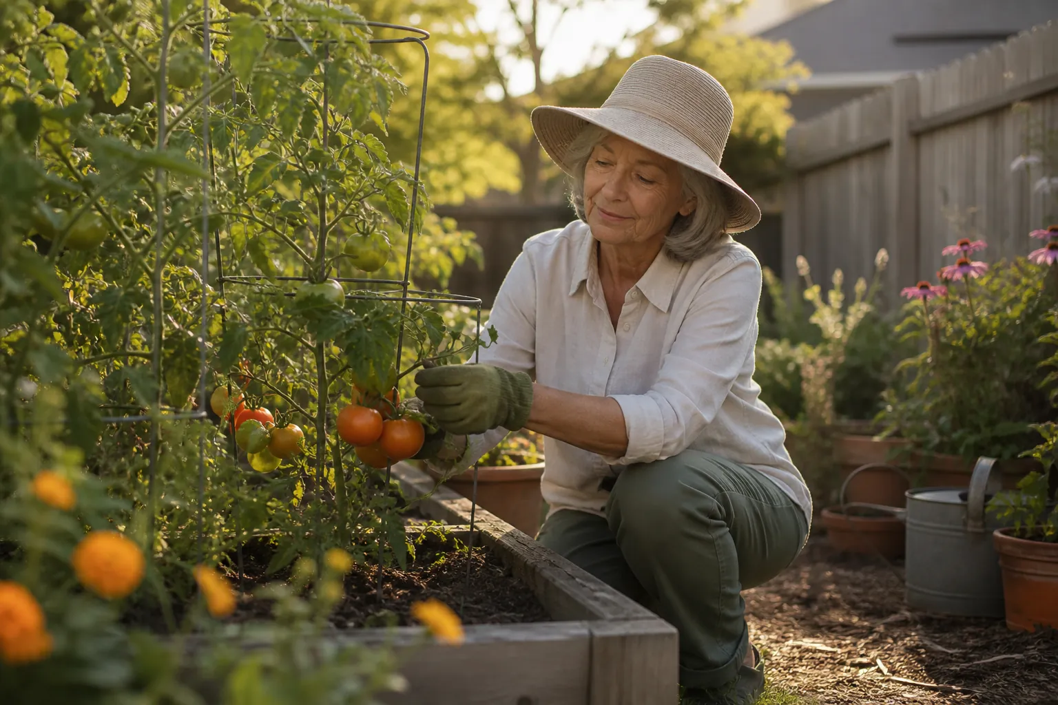 Older woman gardening in a raised vegetable bed while wearing long sleeves, long pants, gloves, and a wide-brim hat