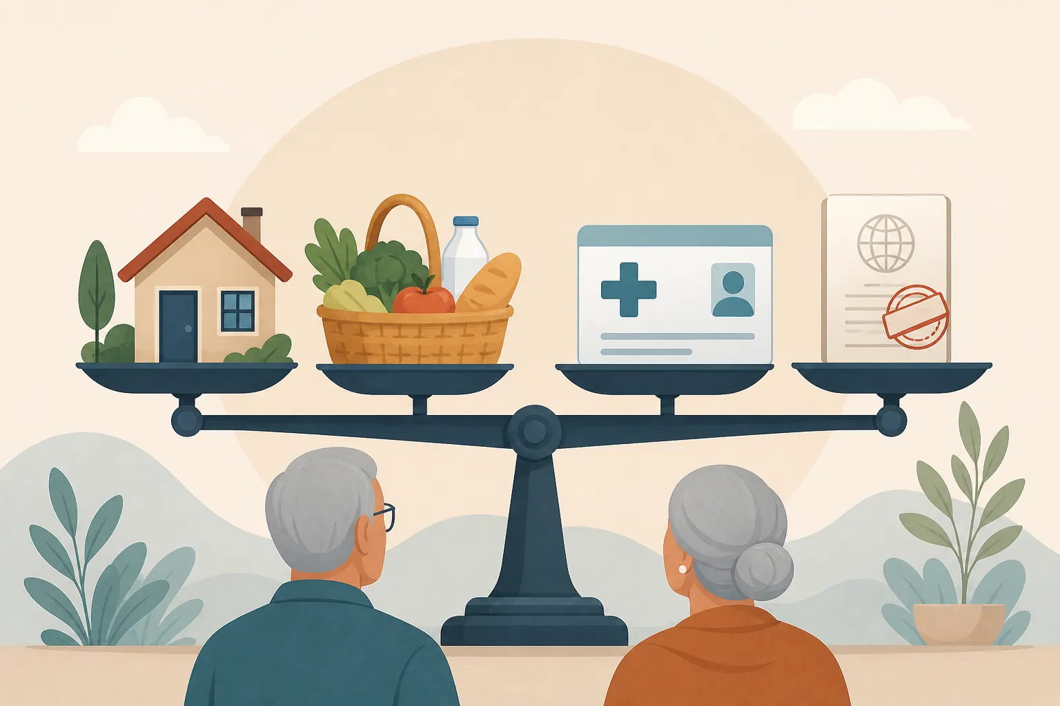 Balance scale showing housing, groceries, health insurance, and visa paperwork as parts of retirement affordability