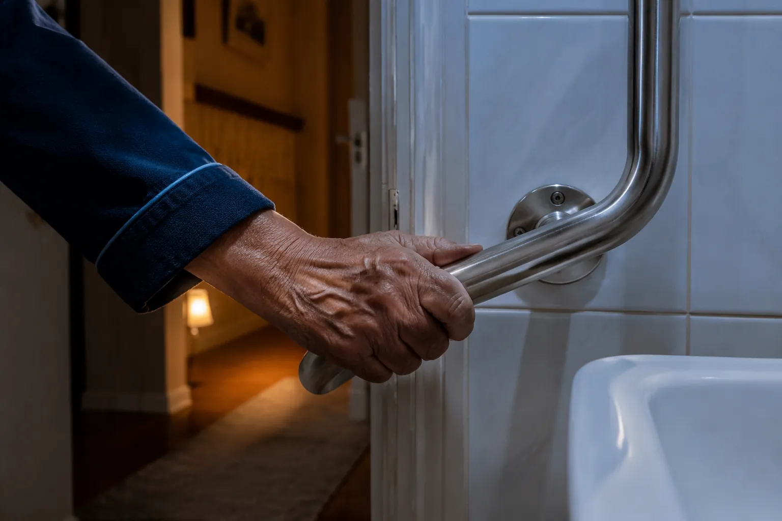 Older adult gripping a bathroom grab bar during a dimly lit nighttime bathroom trip