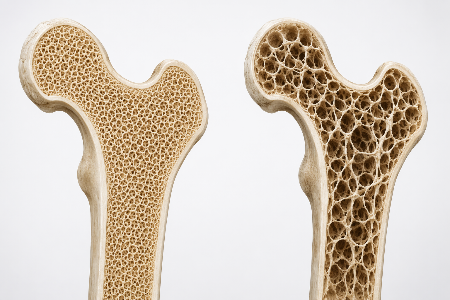 Medical illustration comparing healthy bone structure with porous osteoporotic bone structure