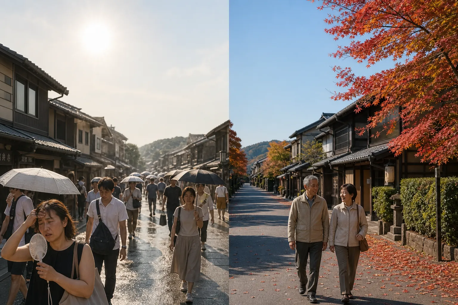 Split view of a humid Japanese summer street and a clearer autumn street with an older couple walking comfortably