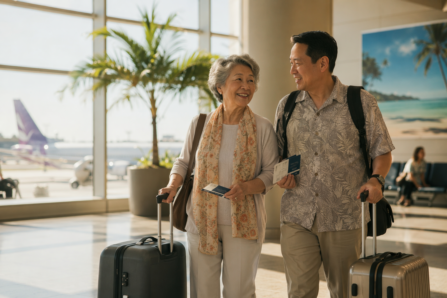 Older man and middle-aged woman walking together through a bright airport terminal with boarding passes and a carry-on bag