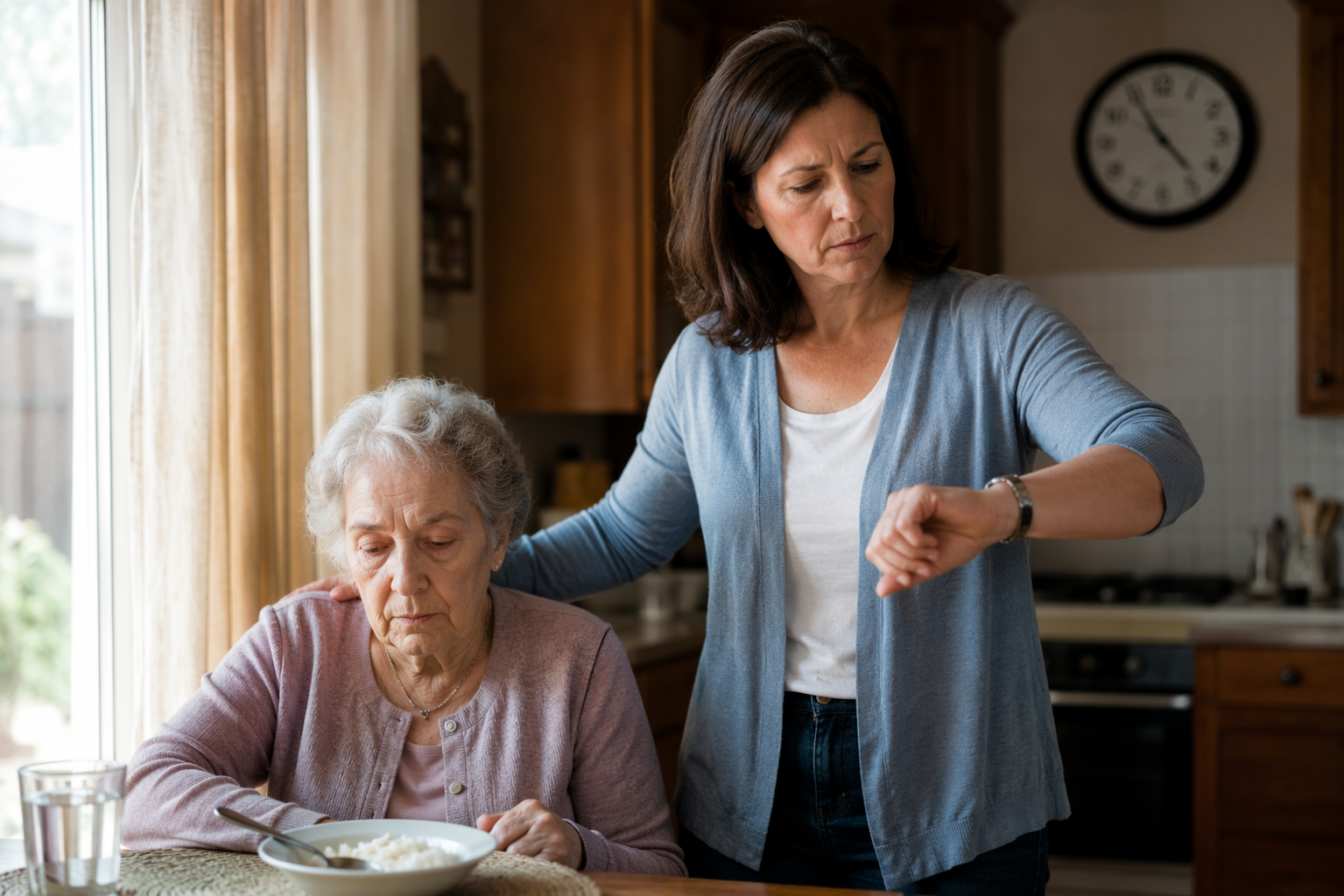 Older adult at a kitchen table with a half-eaten bowl of rice while a caregiver stands nearby after a meal