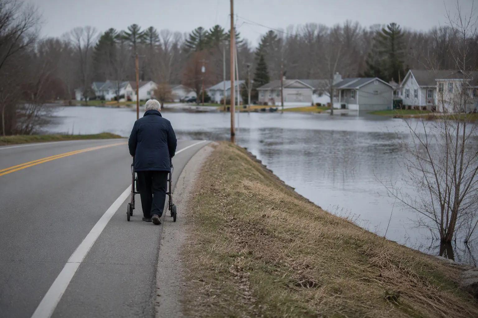 Older adult using a rollator on higher ground before floodwater reaches the street