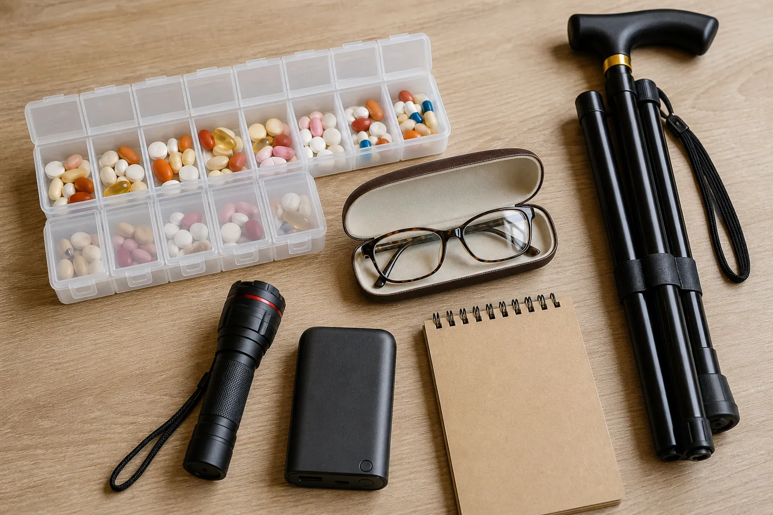 Older-adult preparedness kit with pill organizer, cane, eyeglasses, flashlight, power bank, and notepad arranged together