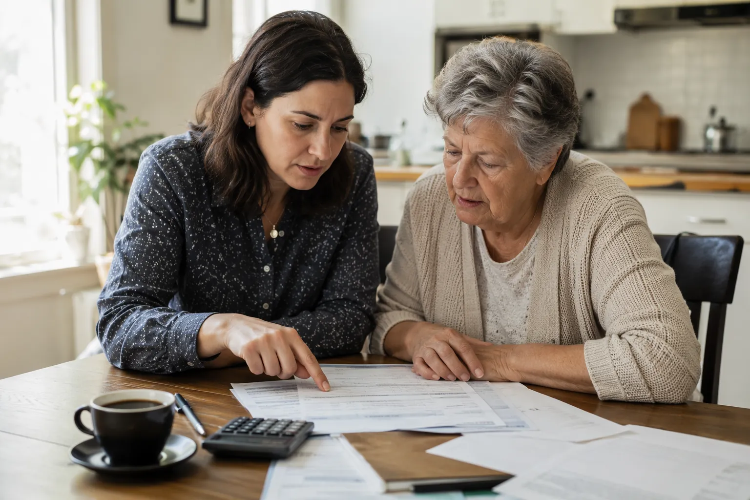An adult daughter and her elderly parent reviewing Medicare statements and household papers at a kitchen table