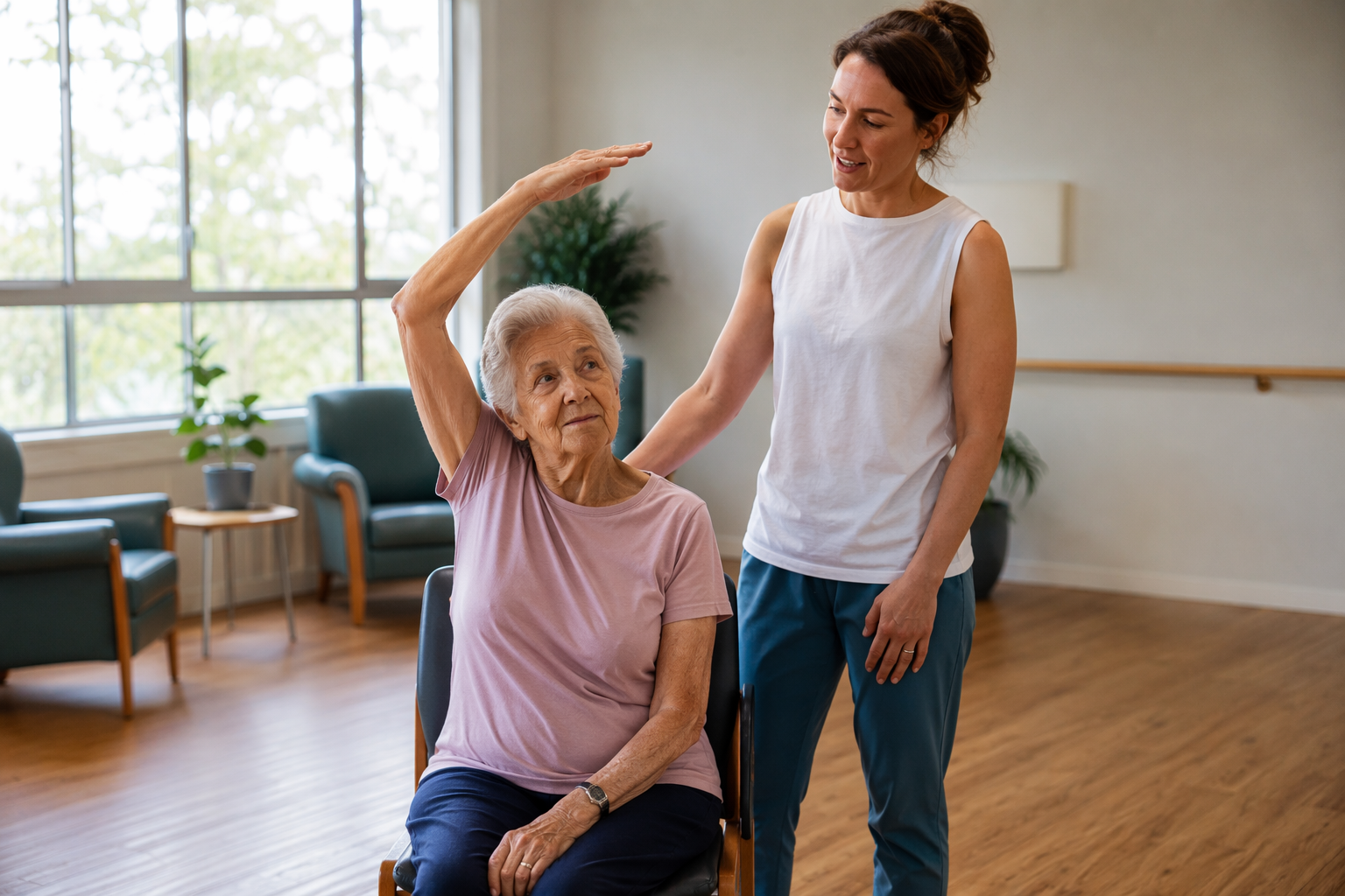 Older woman seated in a sturdy chair doing a gentle yoga stretch while an instructor stands nearby in a clear community room