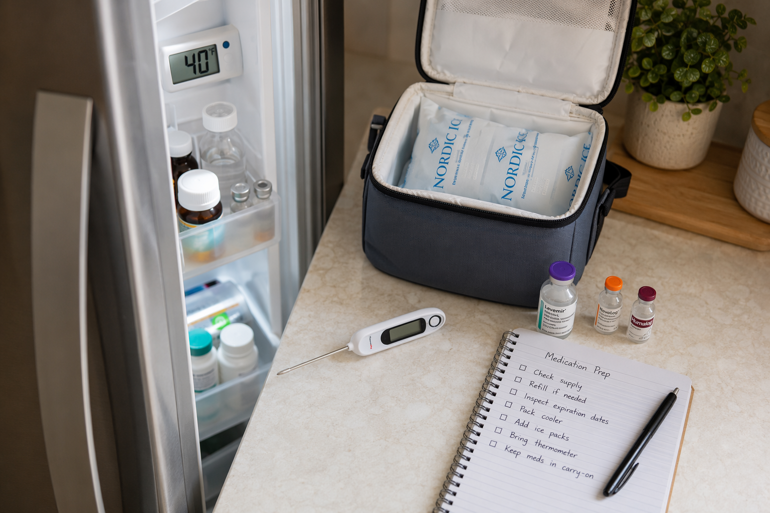 Medication refrigerator with thermometer, cooler, ice packs, labeled vials, and checklist