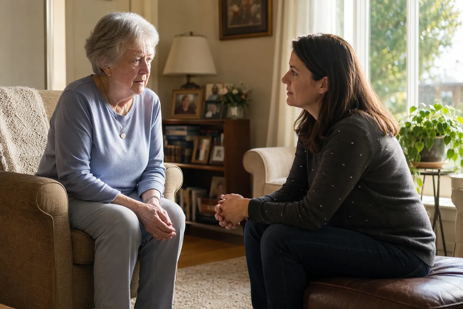 Adult daughter sitting close to her elderly mother in a sunlit living room after a fall