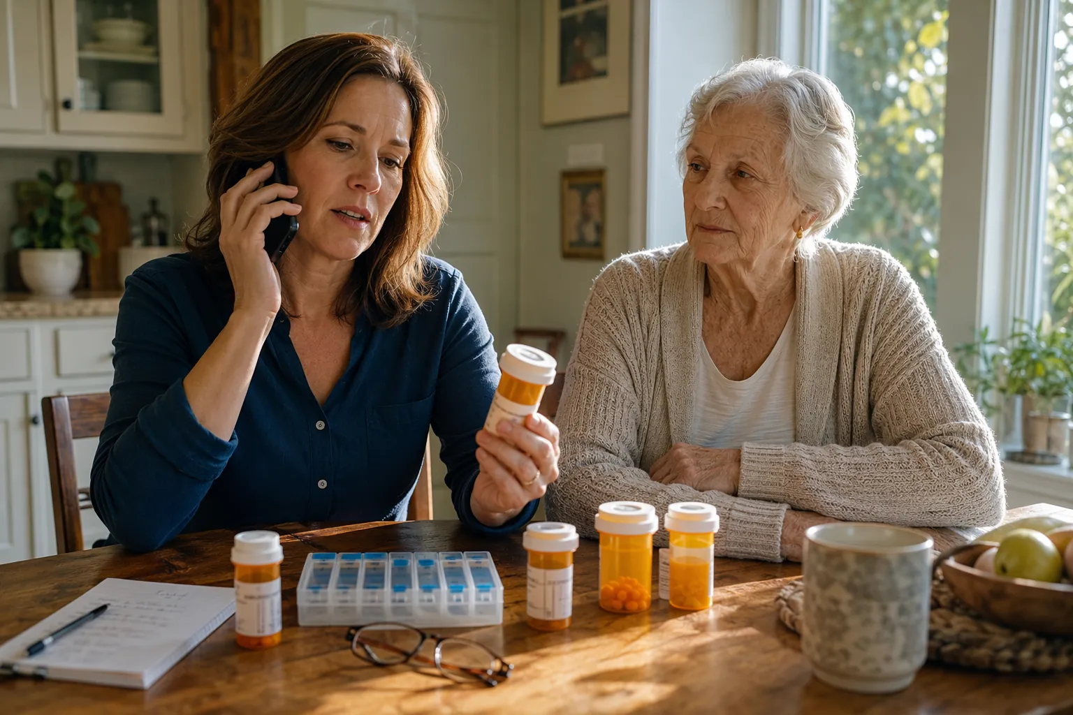 Caregiver at a kitchen table holding a medication bottle while calling about a senior's medicines
