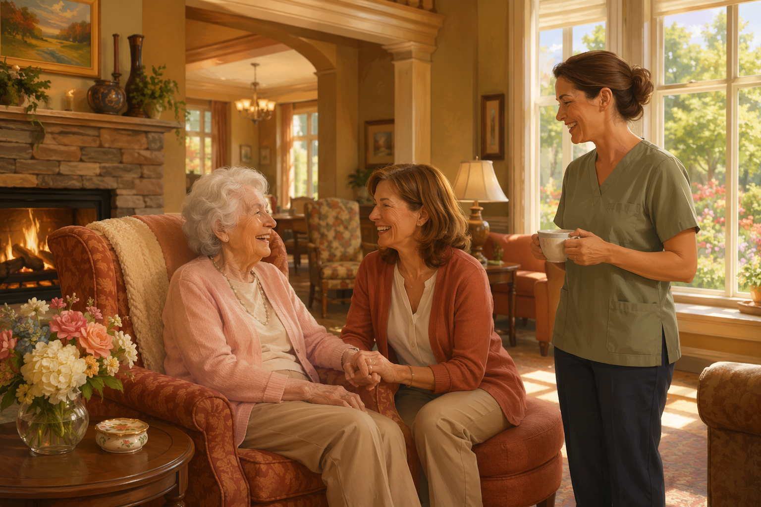 An adult daughter sitting beside her elderly mother in an armchair near a sunlit window while a friendly caregiver nearby holds a cup of tea, inside a living room with a stone fireplace and warm earth-tone furnishings.