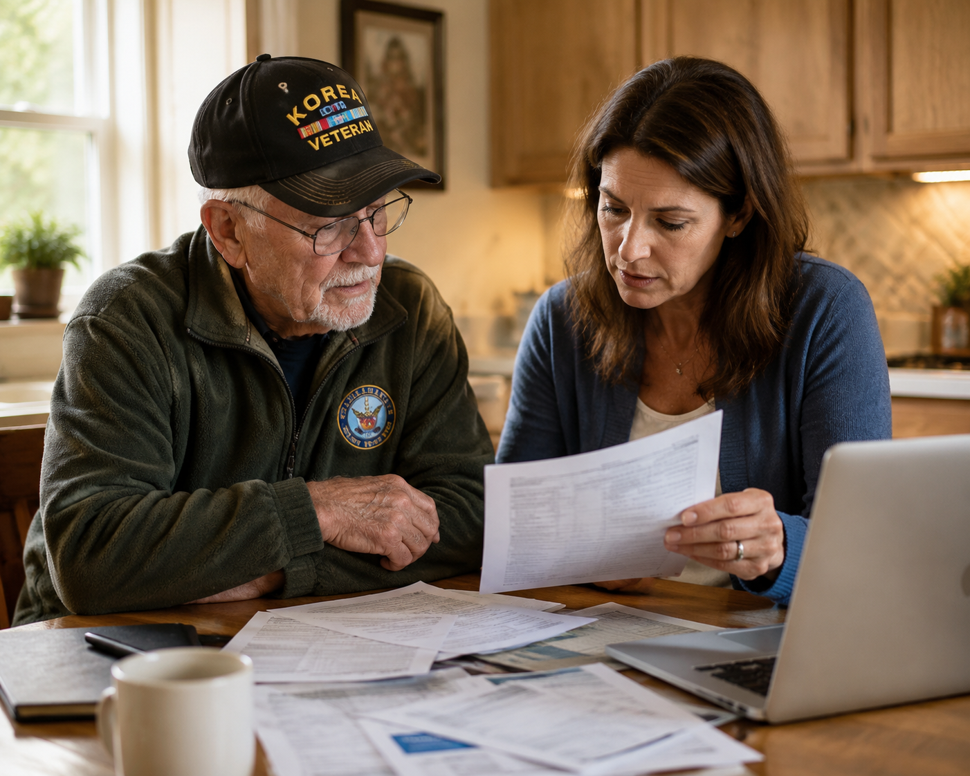 An elderly veteran and his adult daughter review care bills at a kitchen table