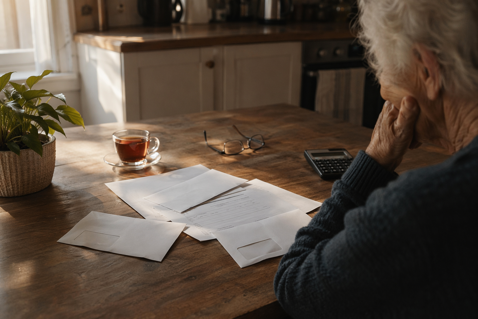 Older adult at a kitchen table with unopened benefit envelopes, reading glasses, a calculator, and a teacup