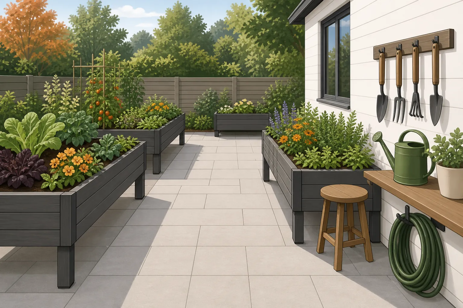 Fall-proofed patio garden zone with wide paver walkway, raised planters, wall-mounted tools, stable stool, shelf, and coiled hose