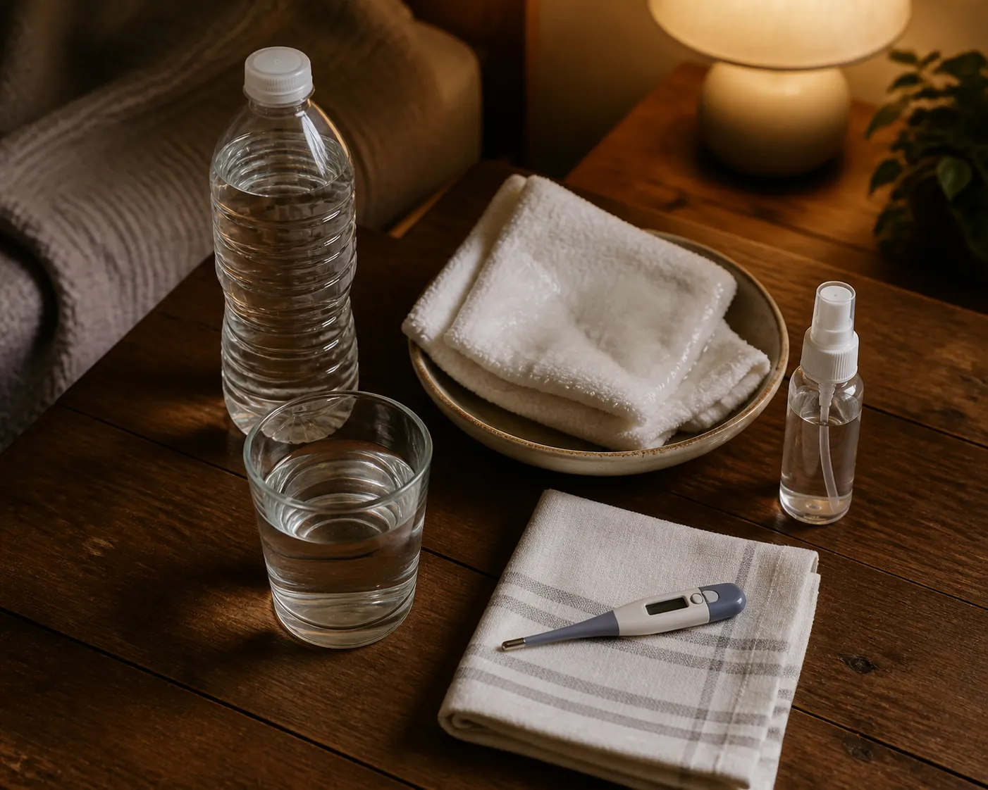 Cooling and hydration care kit with water, damp washcloths, misting bottle, and oral thermometer