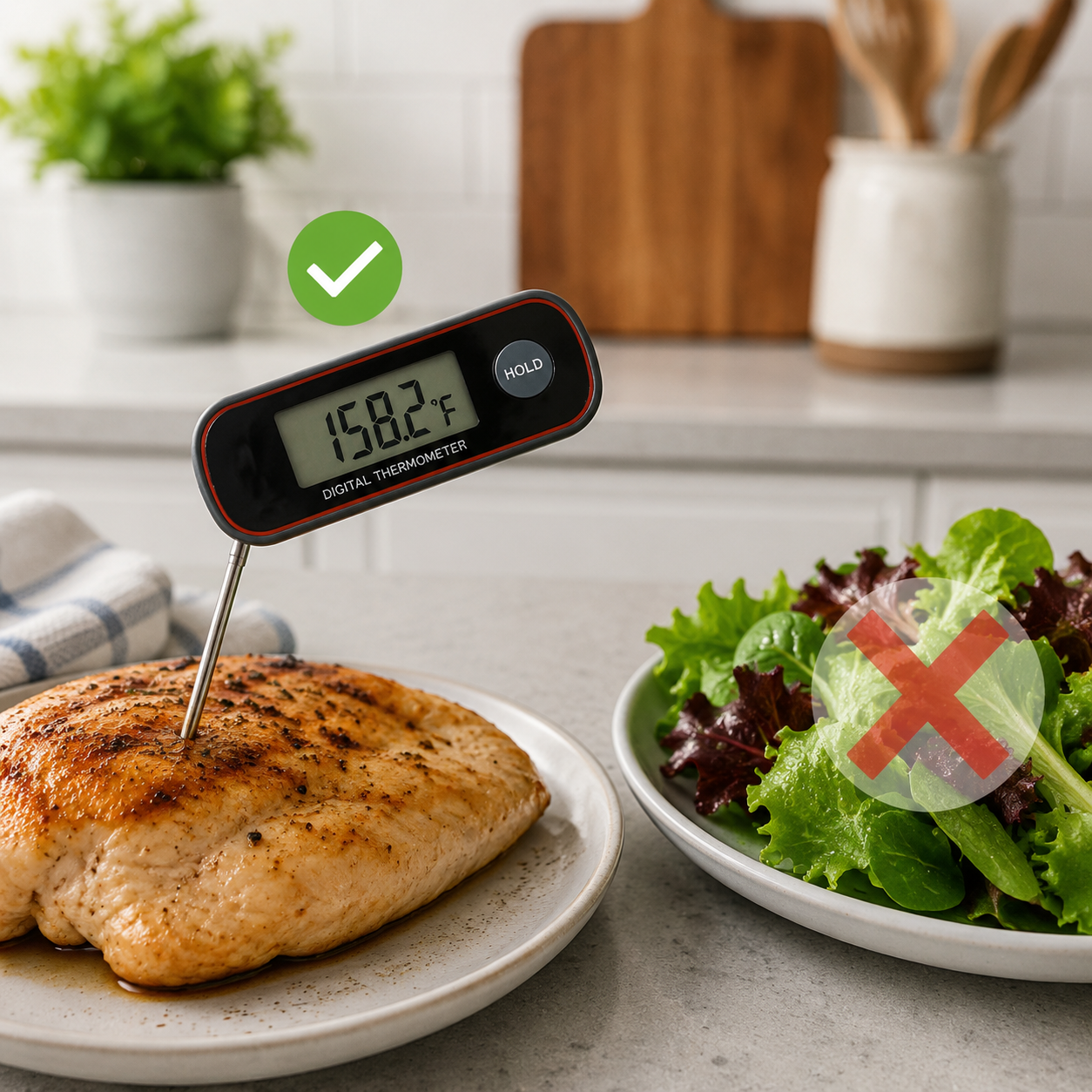Cooking thermometer showing about 158 degrees Fahrenheit beside salad greens