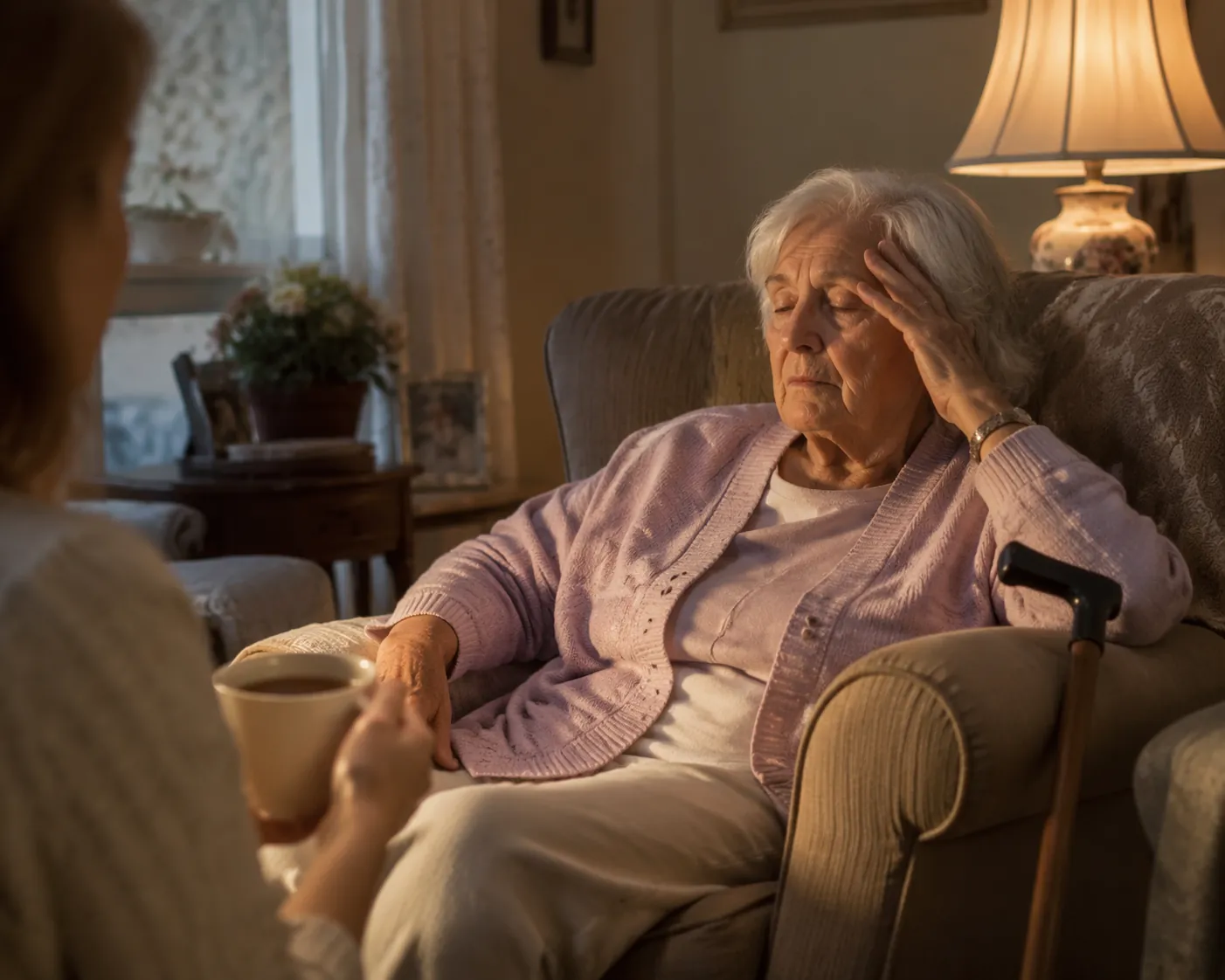 Older woman resting in a living-room armchair with a cane nearby while a younger caregiver observes