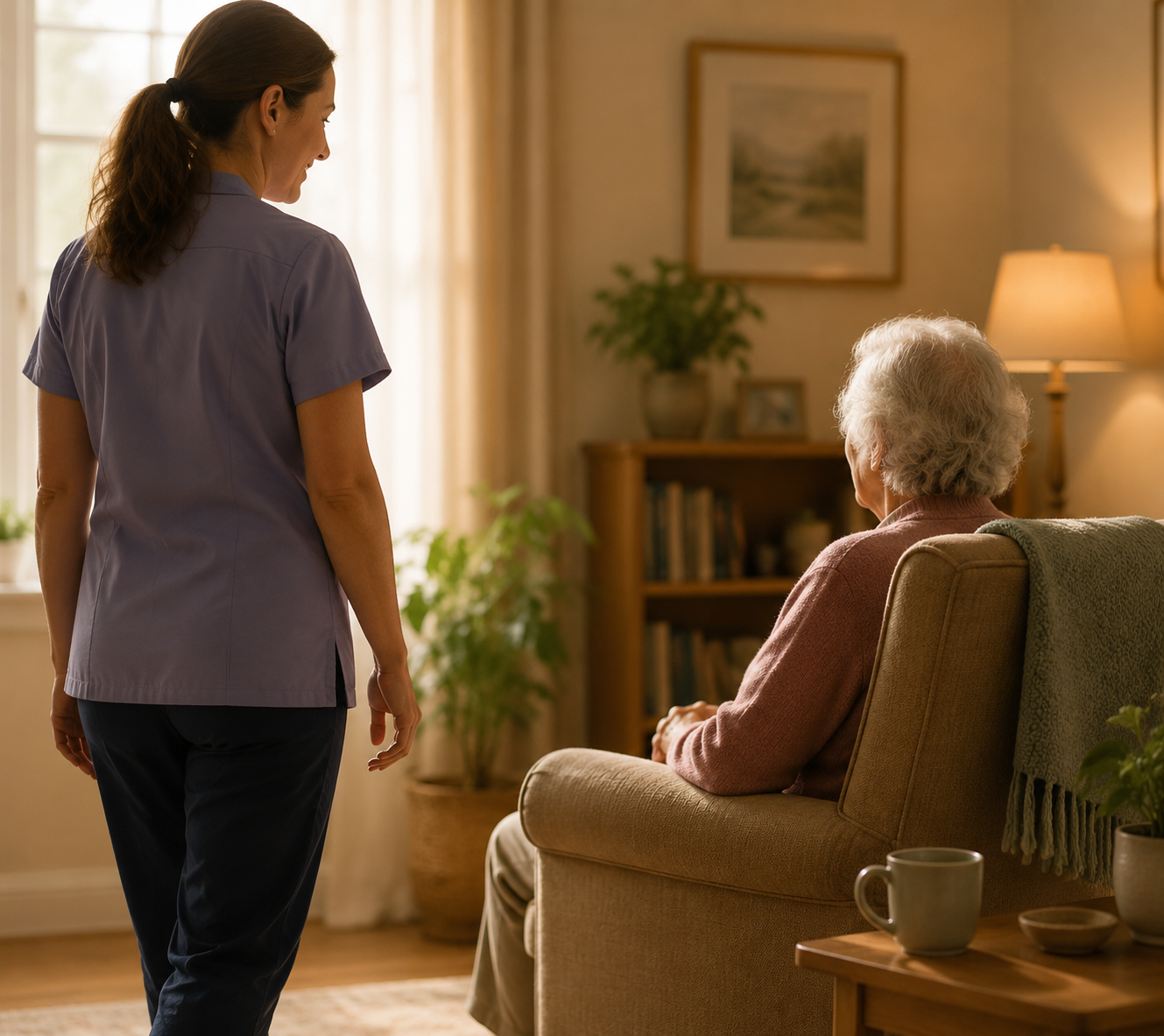 A caregiver approaches a seated older person with dementia from the side at a calm, non-threatening angle