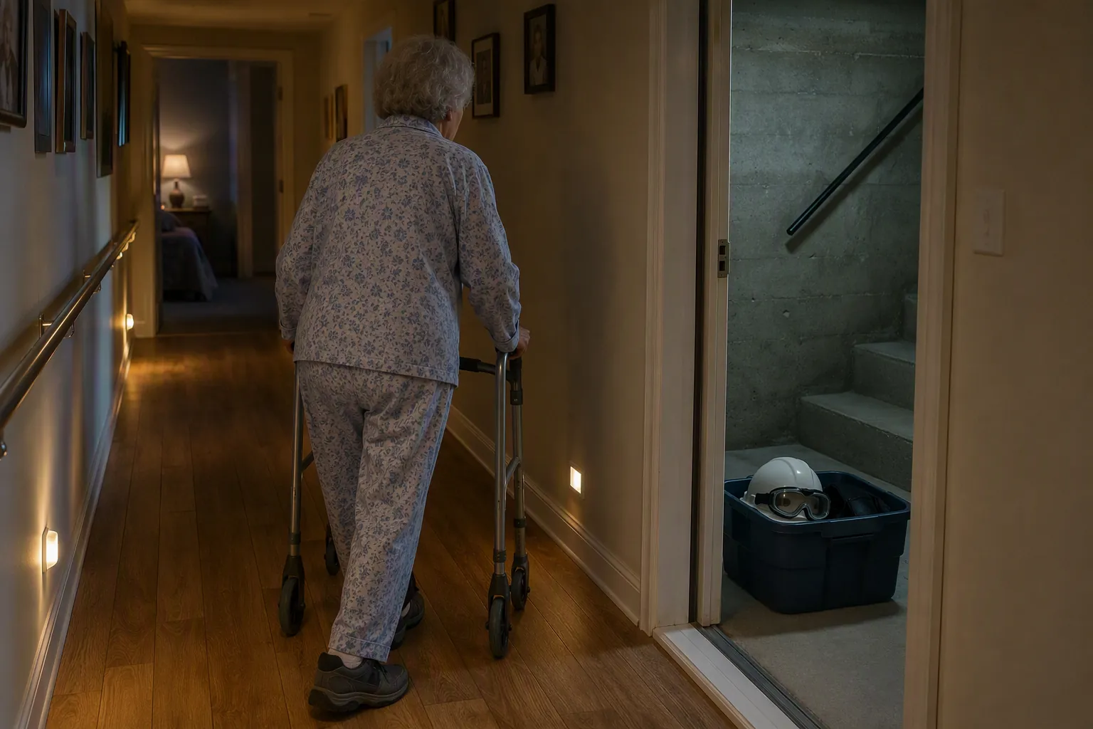 A clear night-lit shelter route with a walker, grab bar, basement doorway, and emergency tote