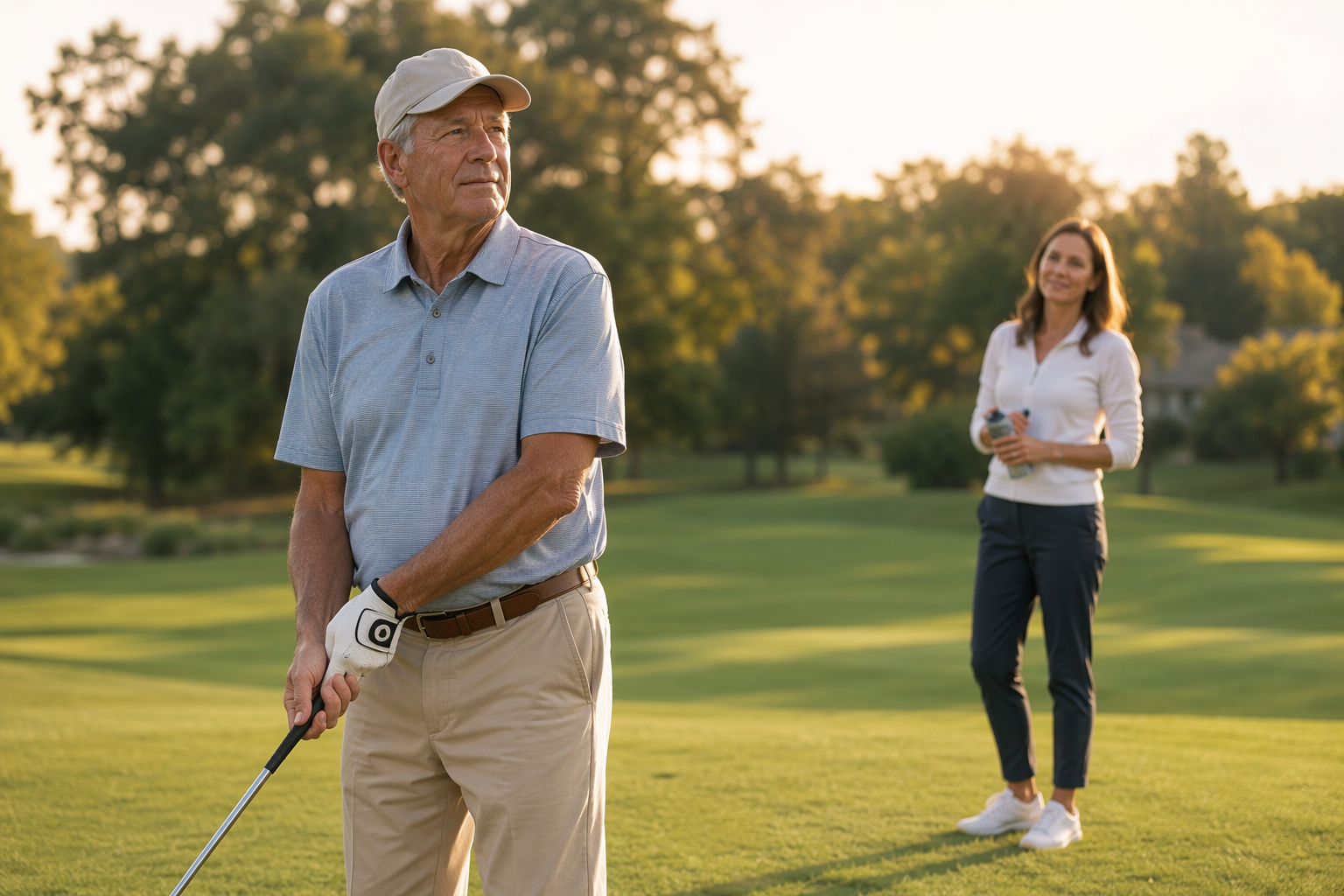 Senior golfer on a fairway while an adult daughter stands nearby with a water bottle without hovering