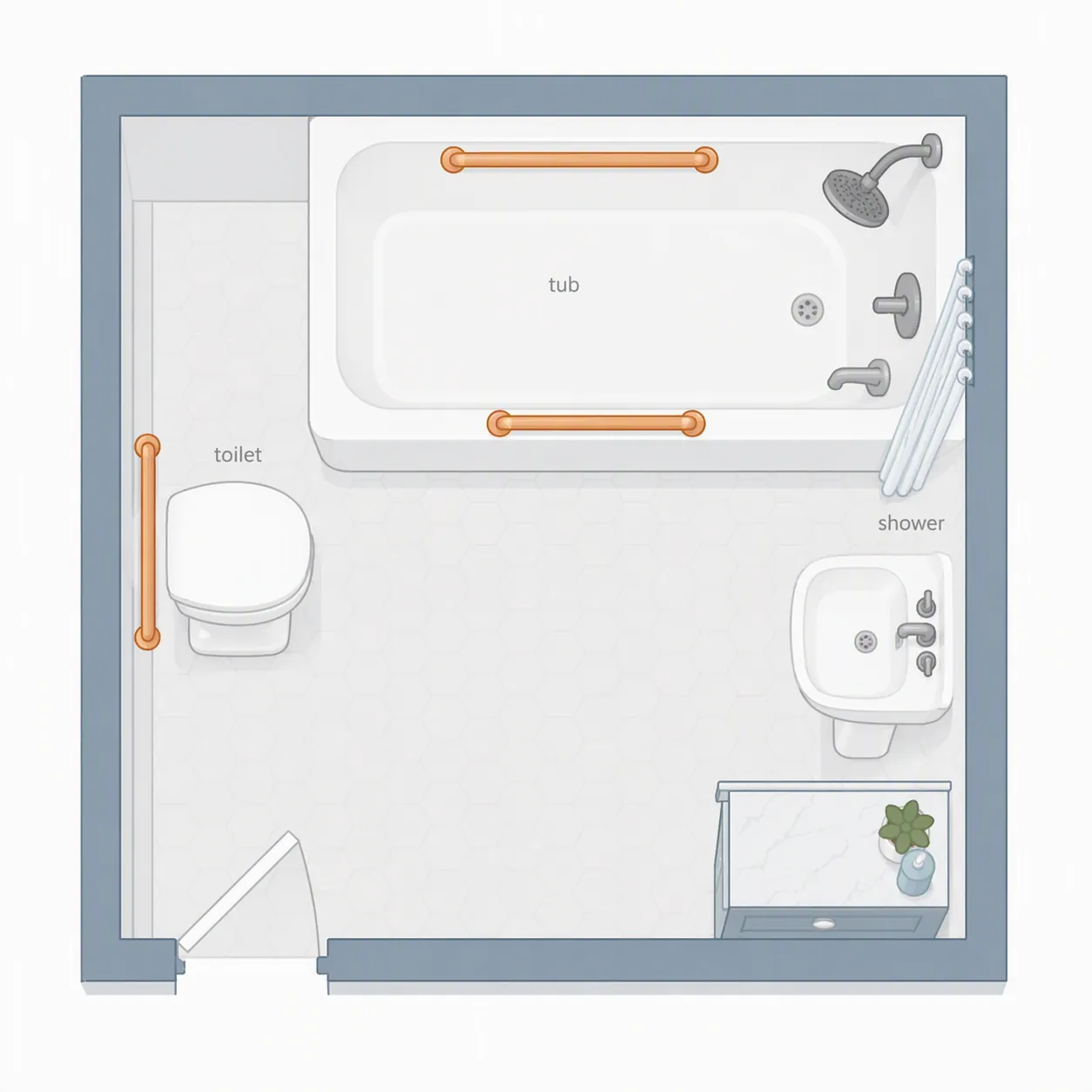 Bathroom floor plan showing grab bars beside the toilet, inside the tub, and at the tub and shower entry
