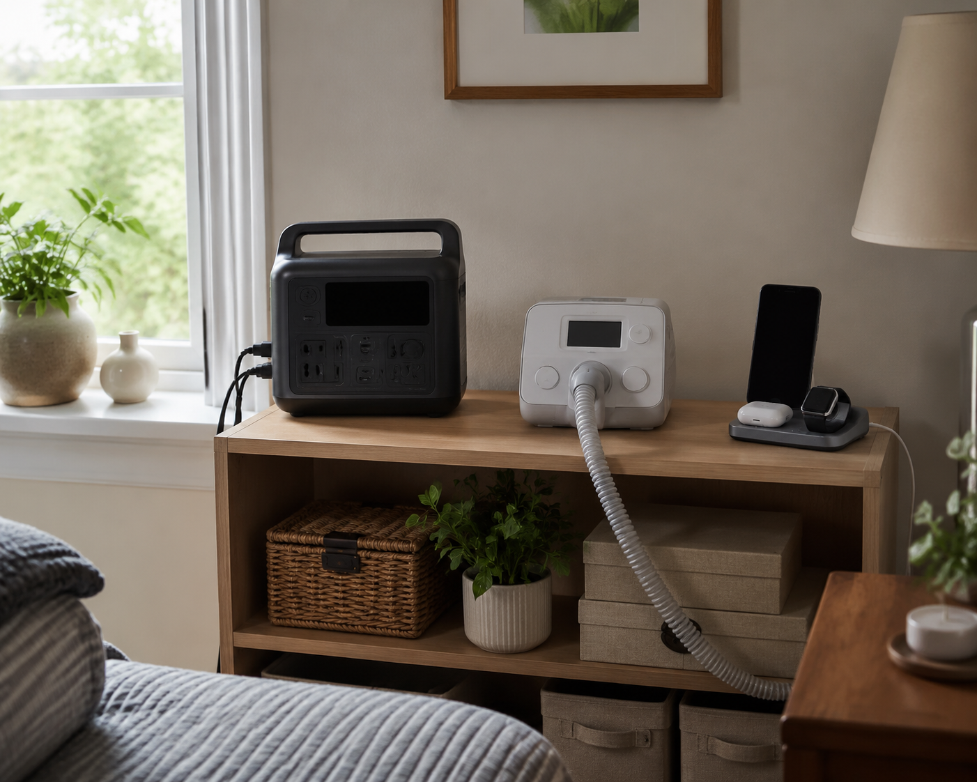 Backup battery power station beside a CPAP machine and phone charging dock with cords neatly managed