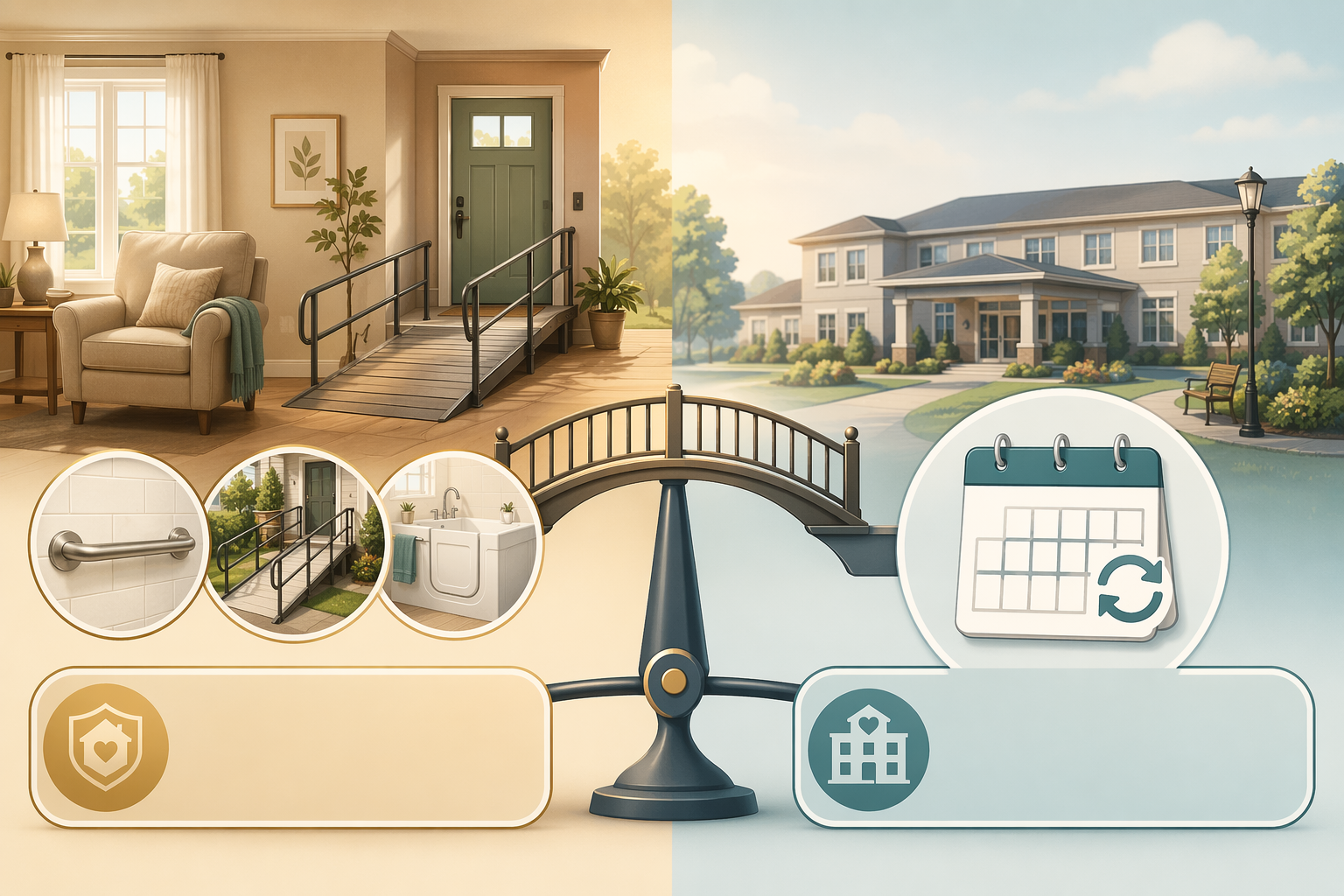 An editorial-style side-by-side illustration comparing a warm home scene with home modification icons including a grab bar, ramp, and walk-in tub on one side, and a calendar and recurring payment icon on the other side.