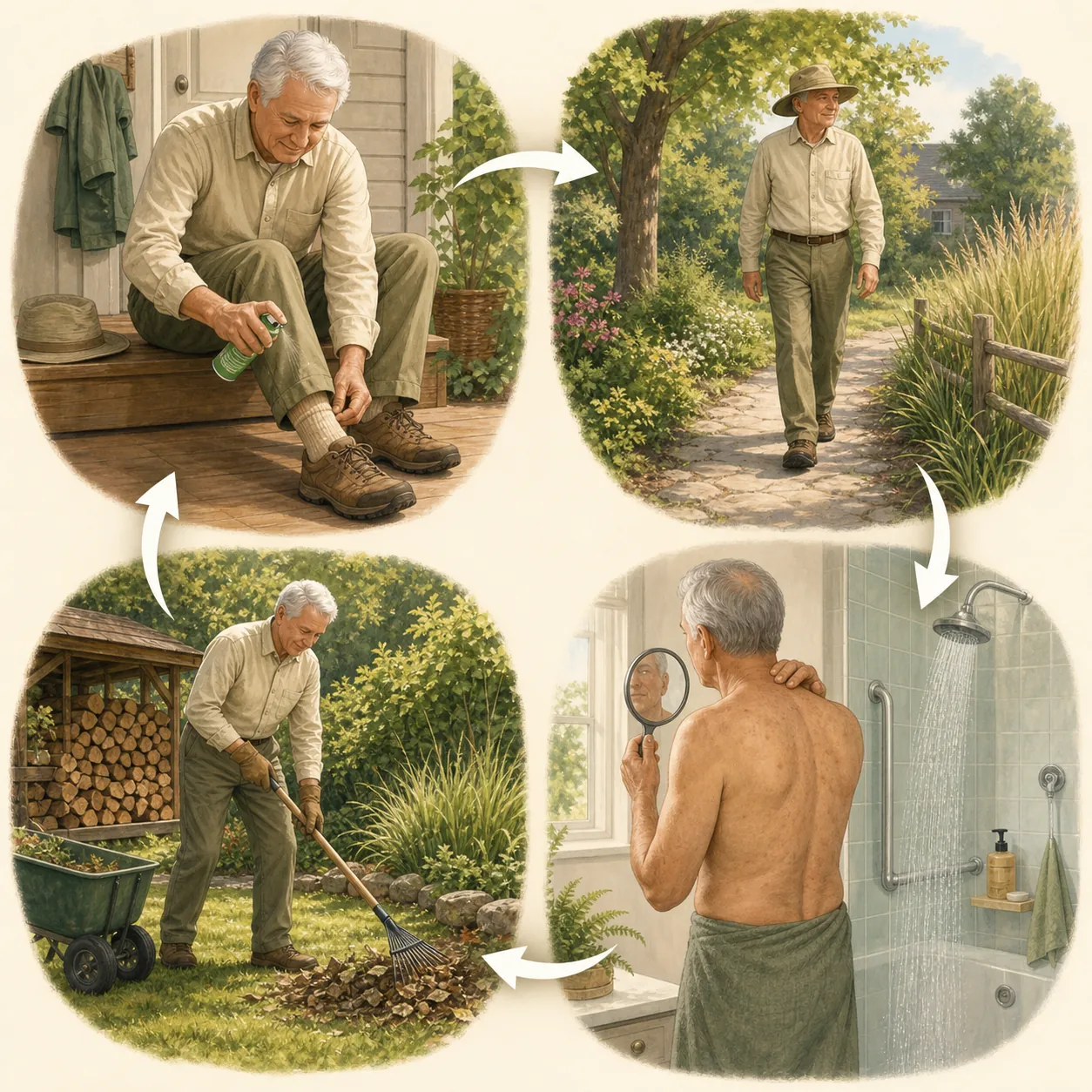 Illustration of a four-part tick-bite prevention routine for older adults