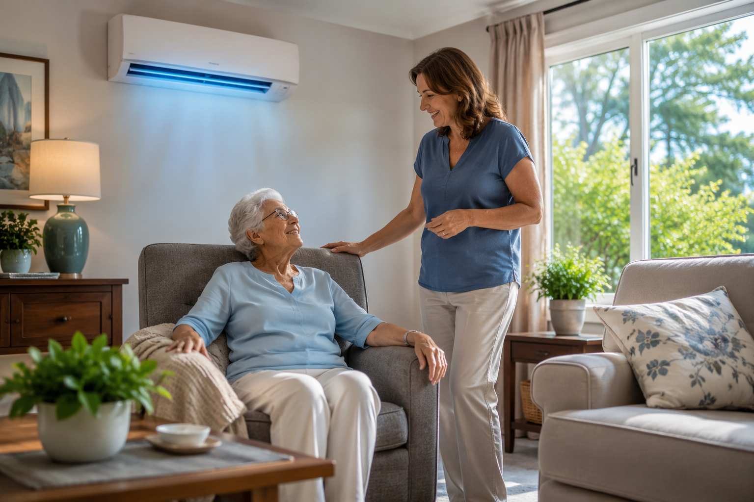 Older adult relaxing in an air-conditioned living room while a caregiver checks in nearby