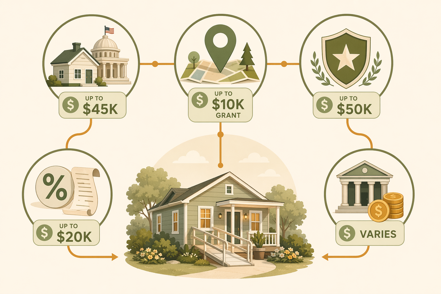 Editorial diagram showing five funding pathway categories for home modifications: federal programs, state and local resources, veterans benefits, tax strategies, and private options, connected by a warm amber flow line.