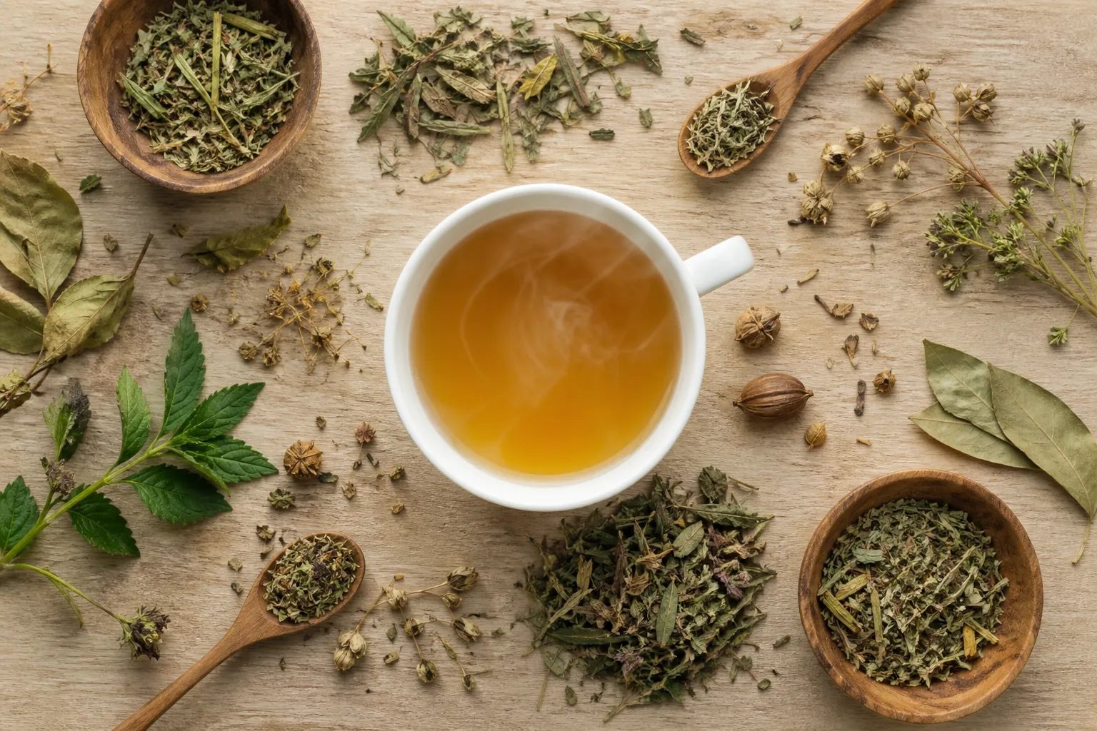 Cup of herbal tea surrounded by dried herbs and leaves on a wooden table