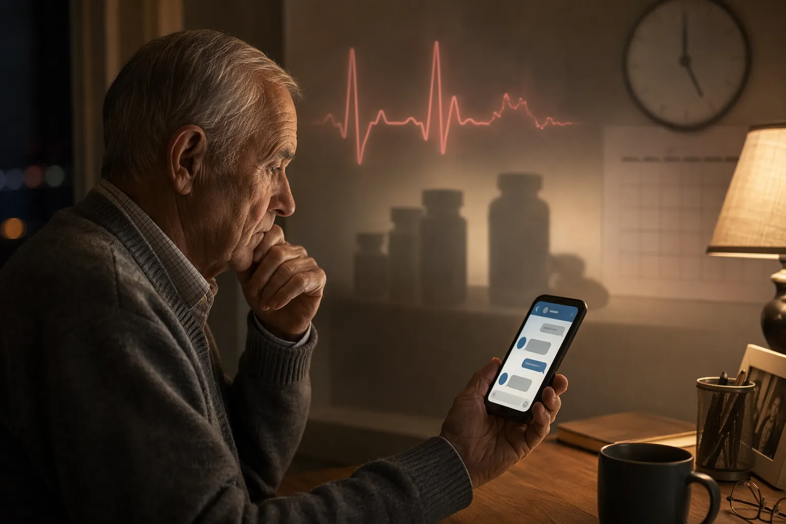 Older adult looking at a smartphone chatbot interface with subtle medical risk cues in the background